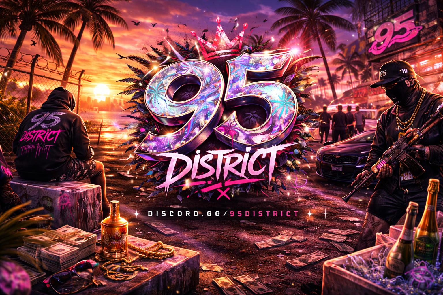 Discovery splash banner for 95 DISTRICT Discord server