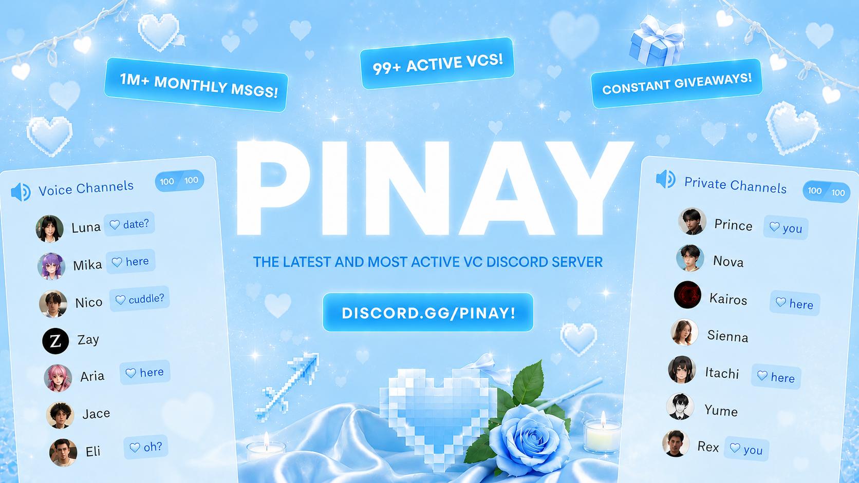 Discovery splash banner for Pinay 𝜗ৎ | Voice Chat • Social • Emojis & Stickers • Icons • SFW Discord server